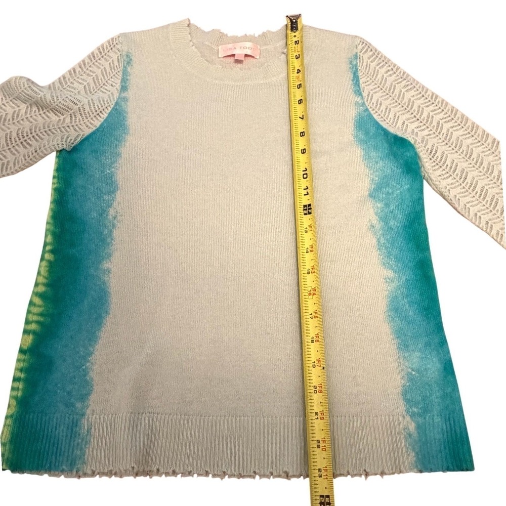 Lisa Todd 100% Cashmere Sweater Blue Green Ombre Pointelle Crewneck Chic Size XS - Picture 10 of 14